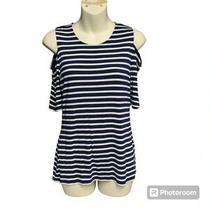 Vince Camuto blue/white striped shoulder cut out top size small